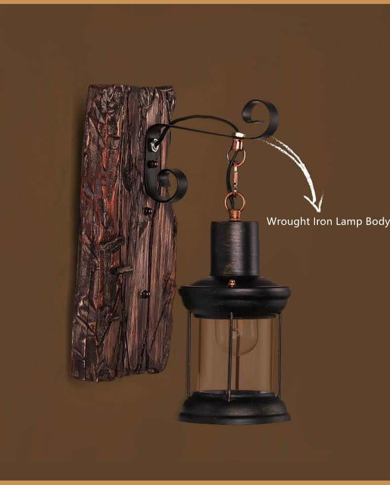 LichtGlas - Cylinder-shaped wall lamp with glass, iron, and wooden base
