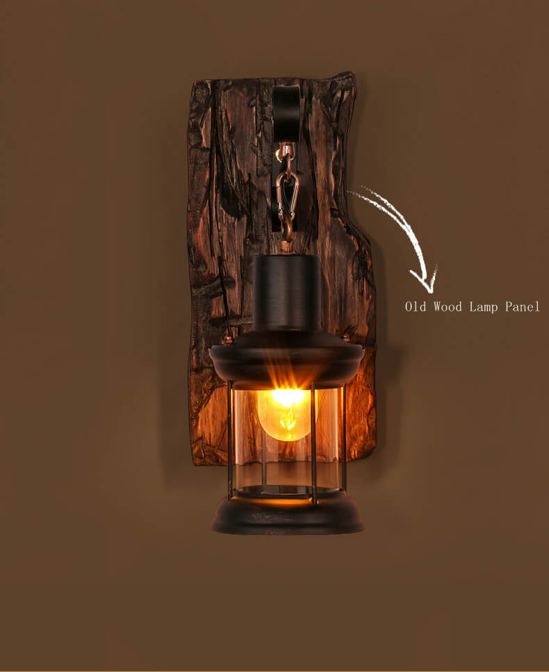 LichtGlas - Cylinder-shaped wall lamp with glass, iron, and wooden base