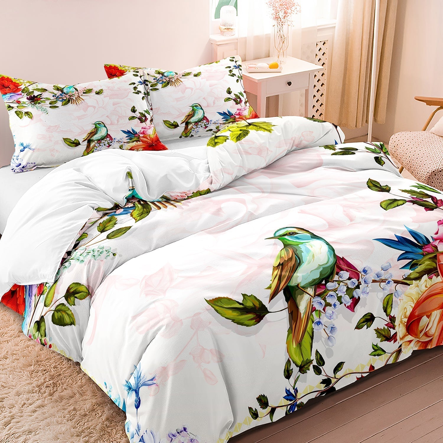 DroomDeluxe - Floral Bird Printed Luxury Duvet Cover Set
