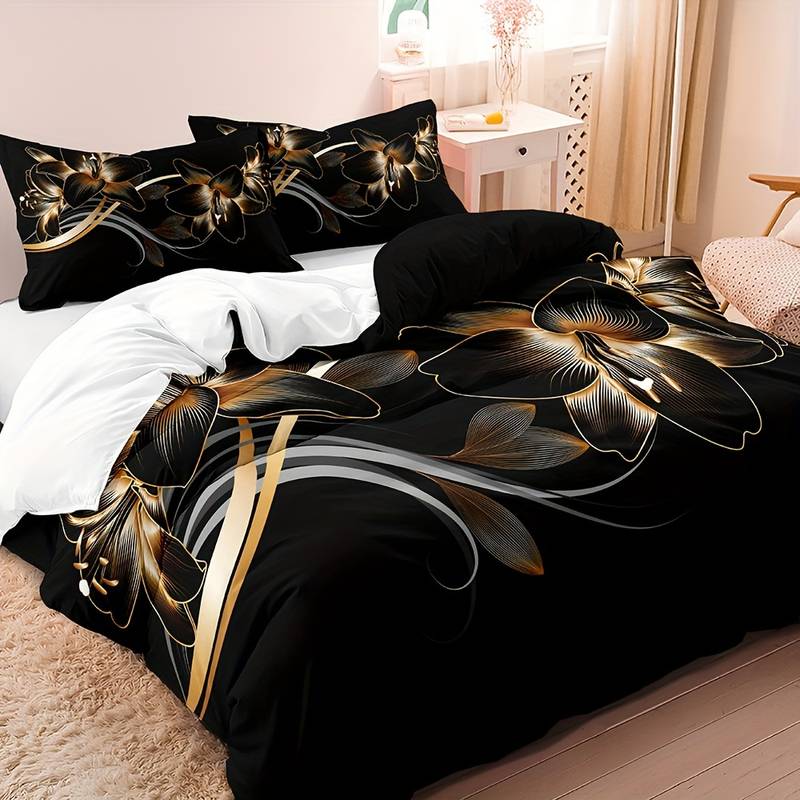 GlowGlam - Black & Gold Floral Printed Duvet Cover Bedding Set