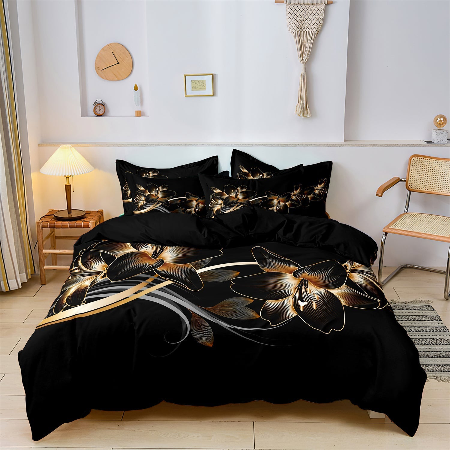 GlowGlam - Black & Gold Floral Printed Duvet Cover Bedding Set