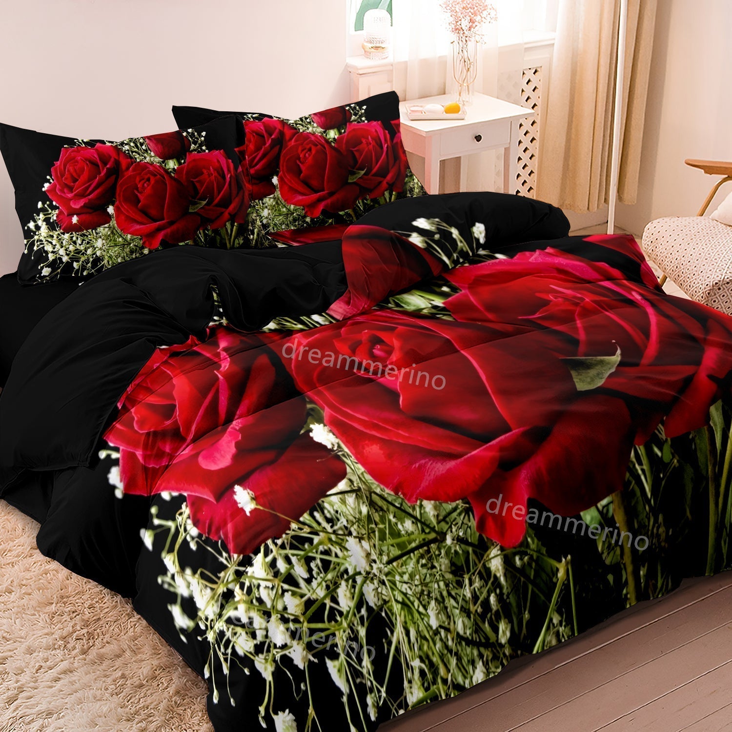 FloraGlow - Romantic Rose Flower Printed Duvet Cover Bedding Set