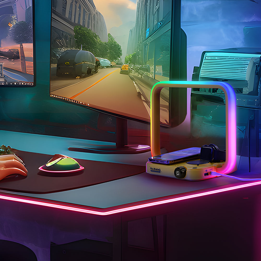 TechGlow - 3-in-1 Wireless Charger RGB Desk Lamp Multifunctional Timing Desk Light