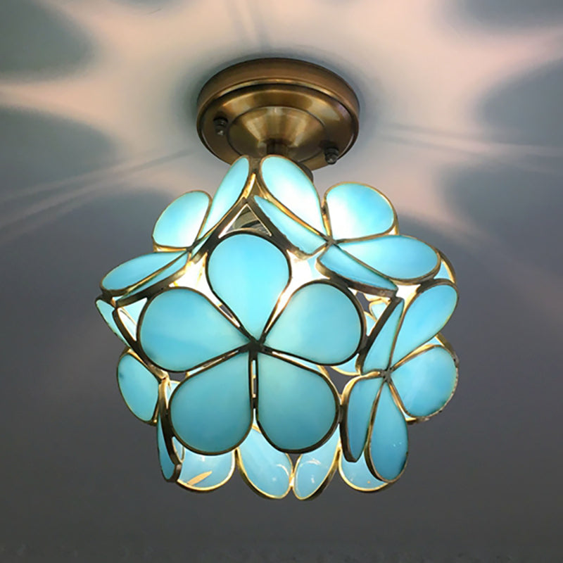 Retro Ceiling Lamp of Coloured Glass with Floral Pattern