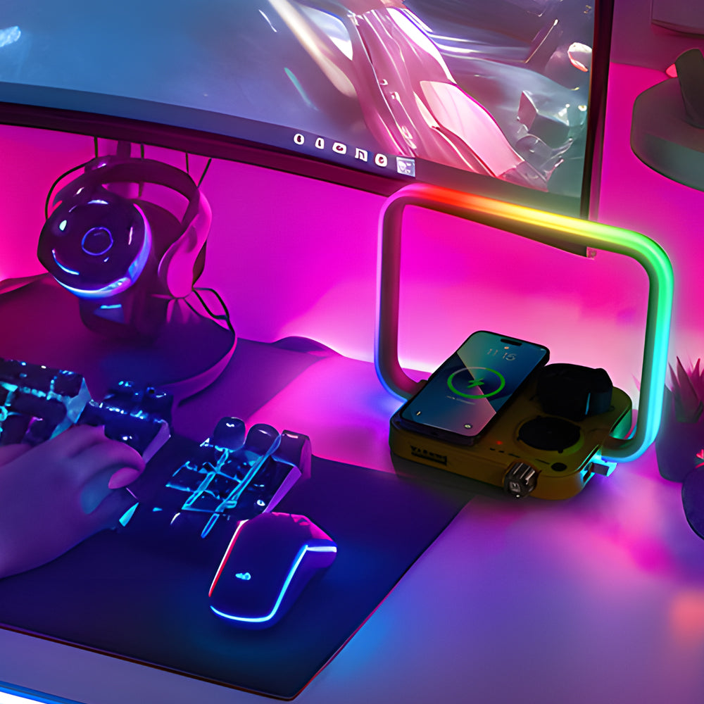 TechGlow - 3-in-1 Wireless Charger RGB Desk Lamp Multifunctional Timing Desk Light