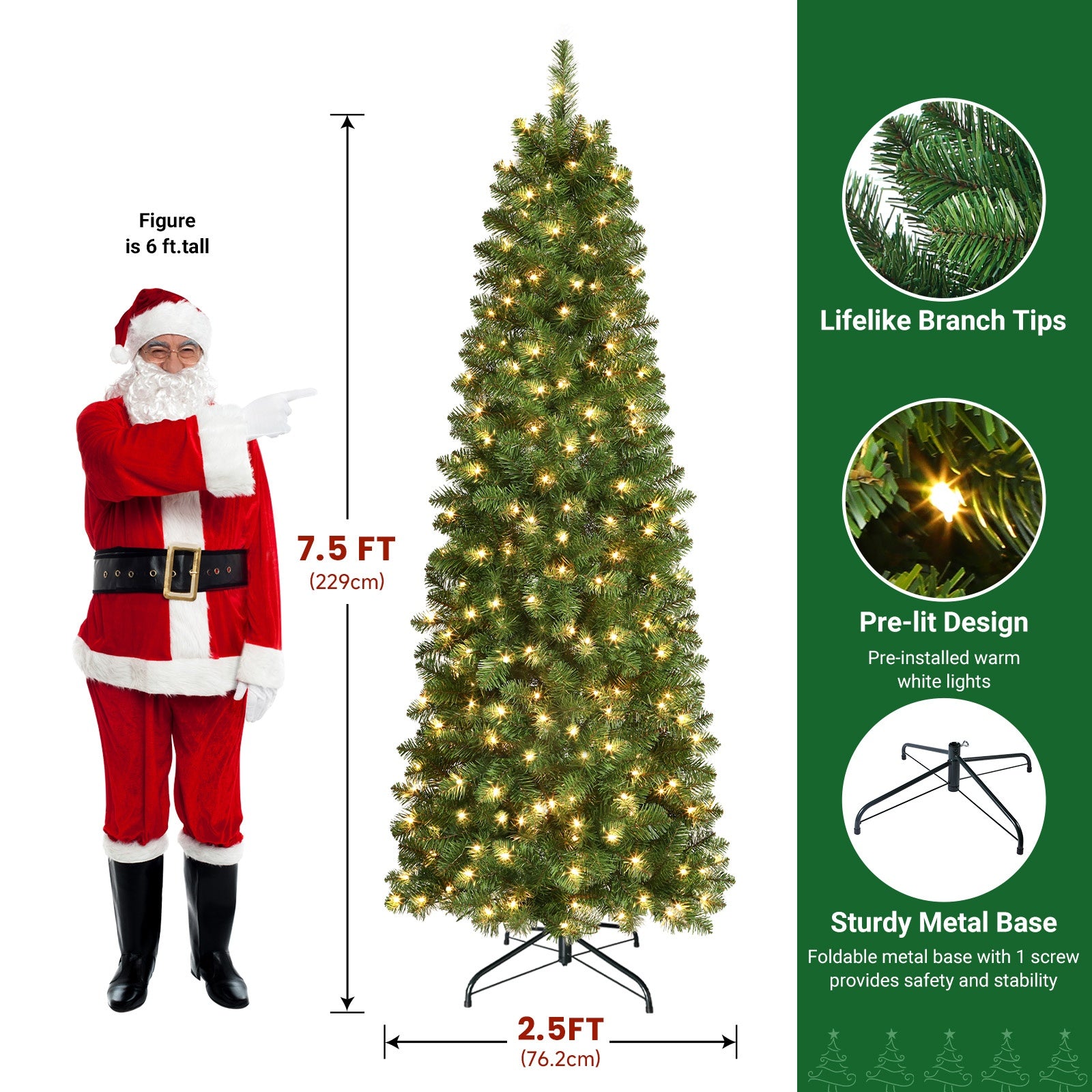 Shareconn Slim Pencil Christmas Tree 545 Tips 200 Lights Space Saving Stand