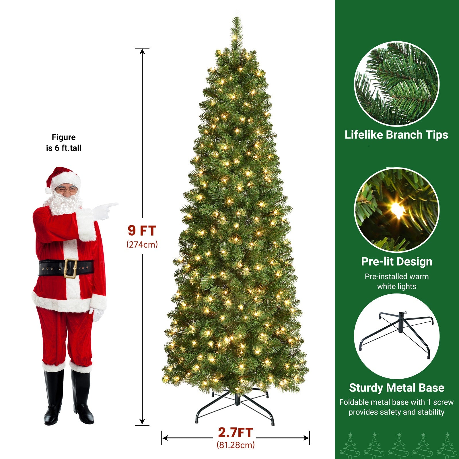 Shareconn Slim Pencil Christmas Tree 545 Tips 200 Lights Space Saving Stand