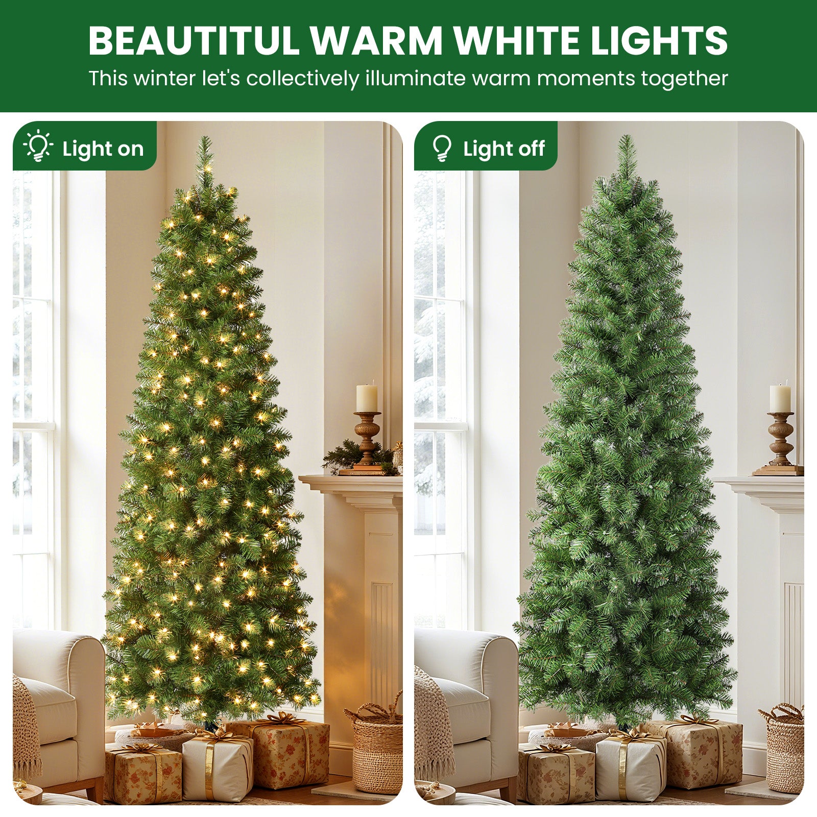 Shareconn Slim Pencil Christmas Tree 545 Tips 200 Lights Space Saving Stand