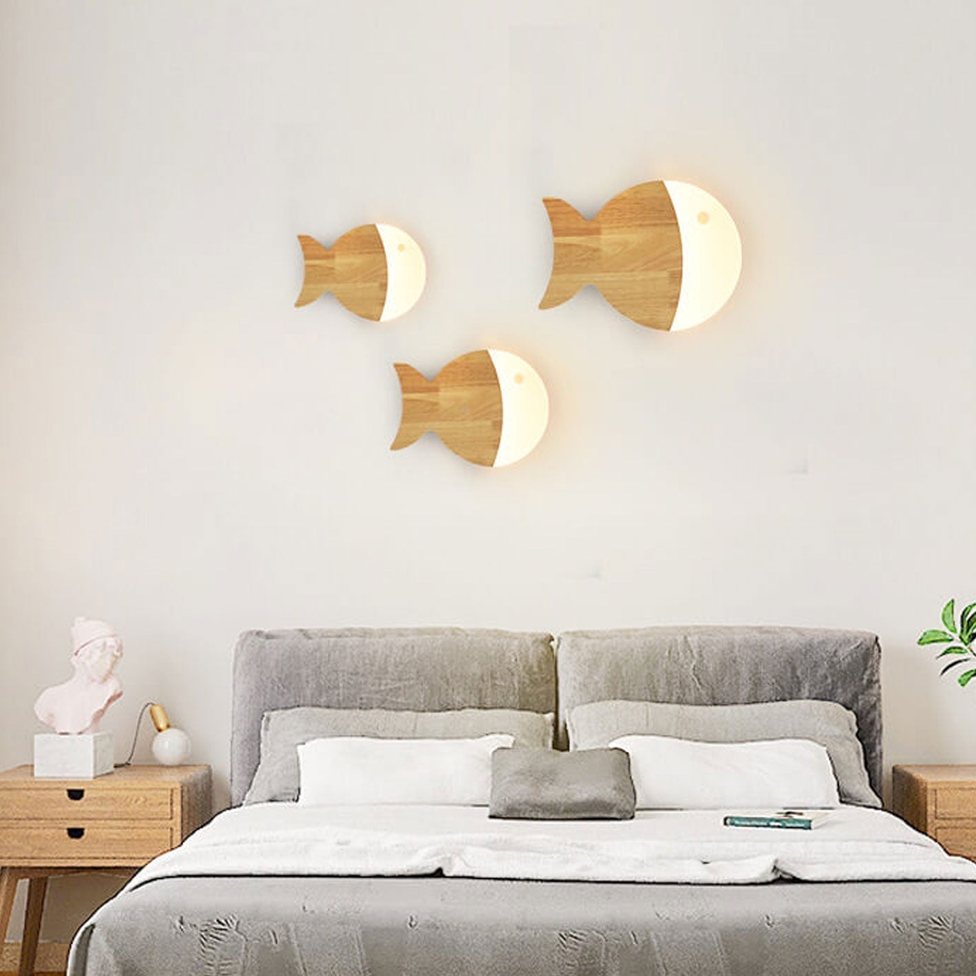 Nordic Minimalist Oak and Acrylic LED Wall Lamp in Fish Shape
