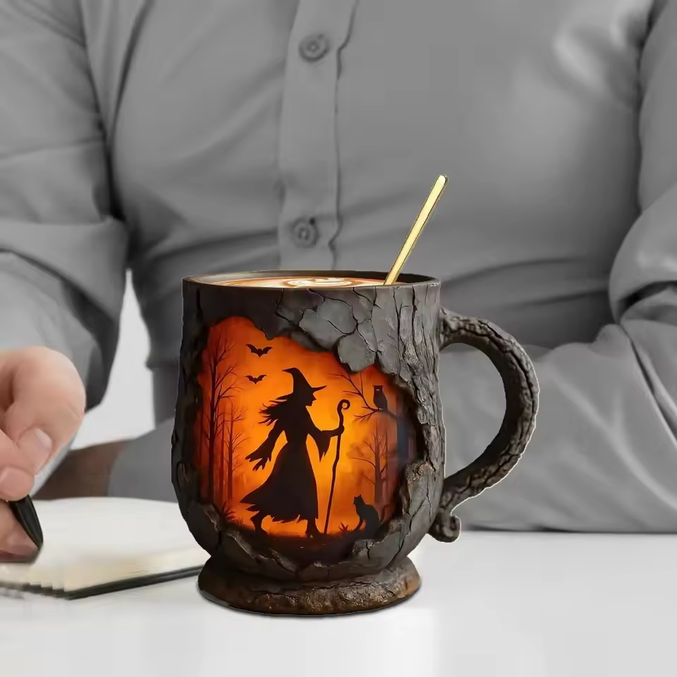 Artisan 3D Halloween Mug – Featuring Witch and Cat Design