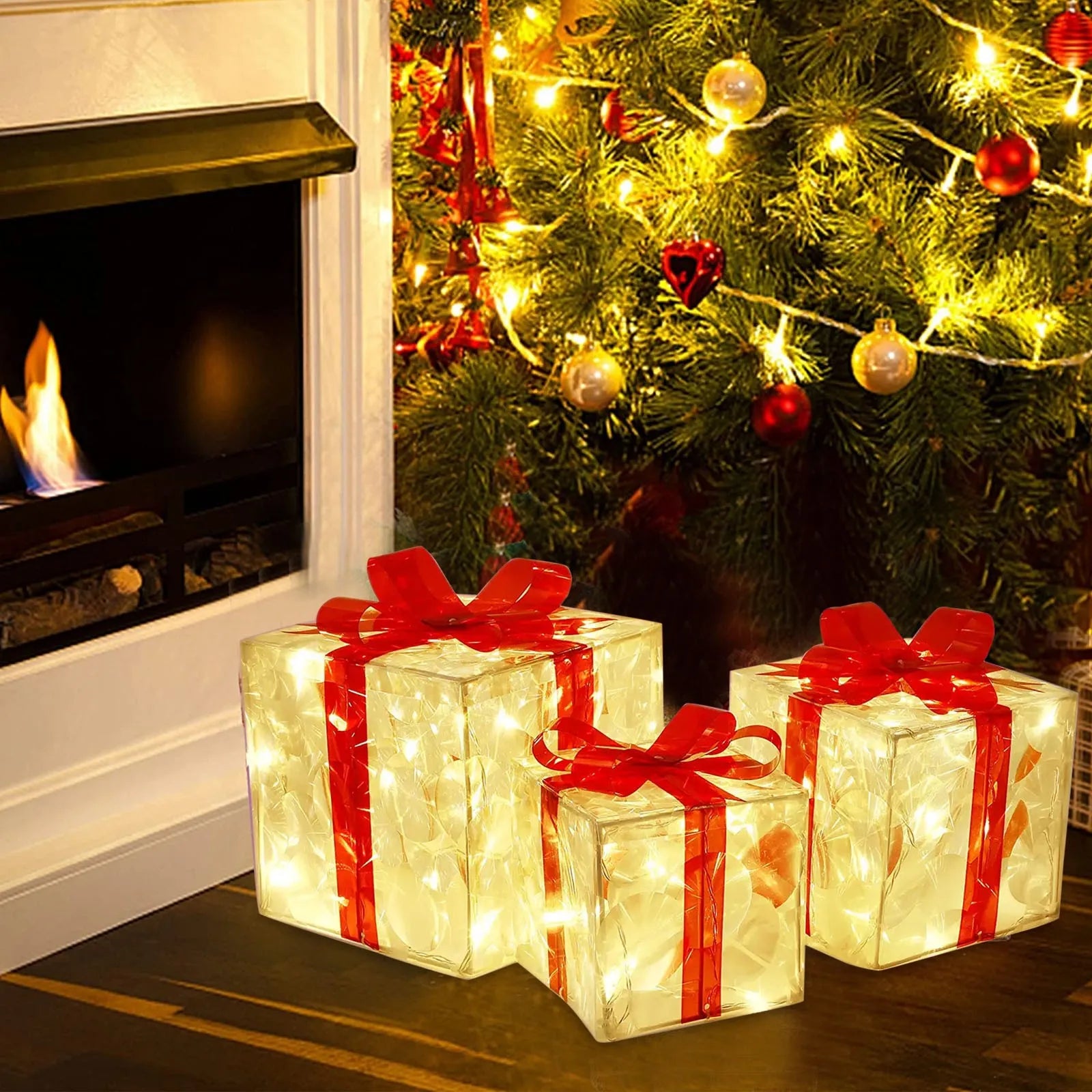 EclatDeNoel - Illuminated Gift Box Ornament with Bow
