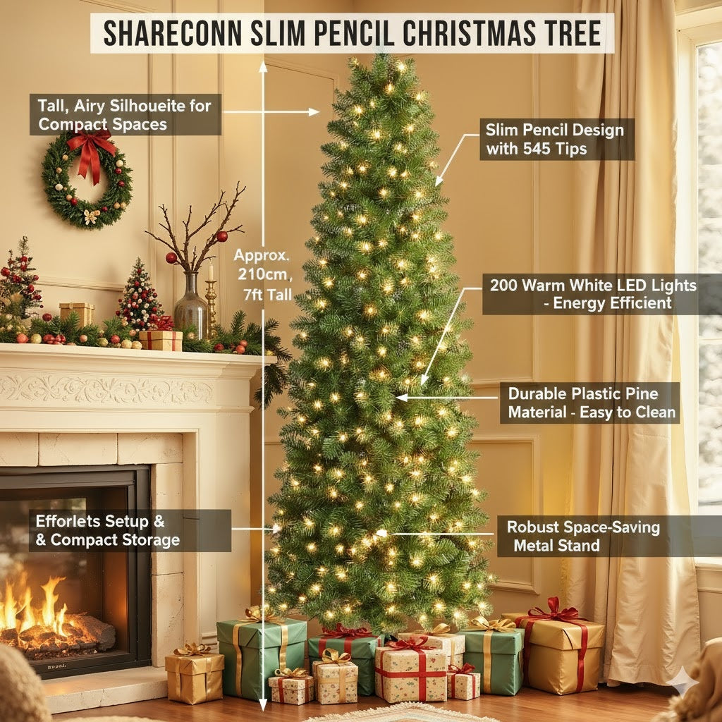 Shareconn Slim Pencil Christmas Tree 545 Tips 200 Lights Space Saving Stand