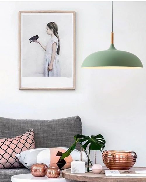 Pendant Lights Made of Metal and Wood in Soft Pastel Shades