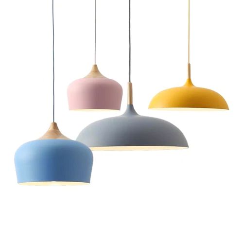 Pendant Lights Made of Metal and Wood in Soft Pastel Shades